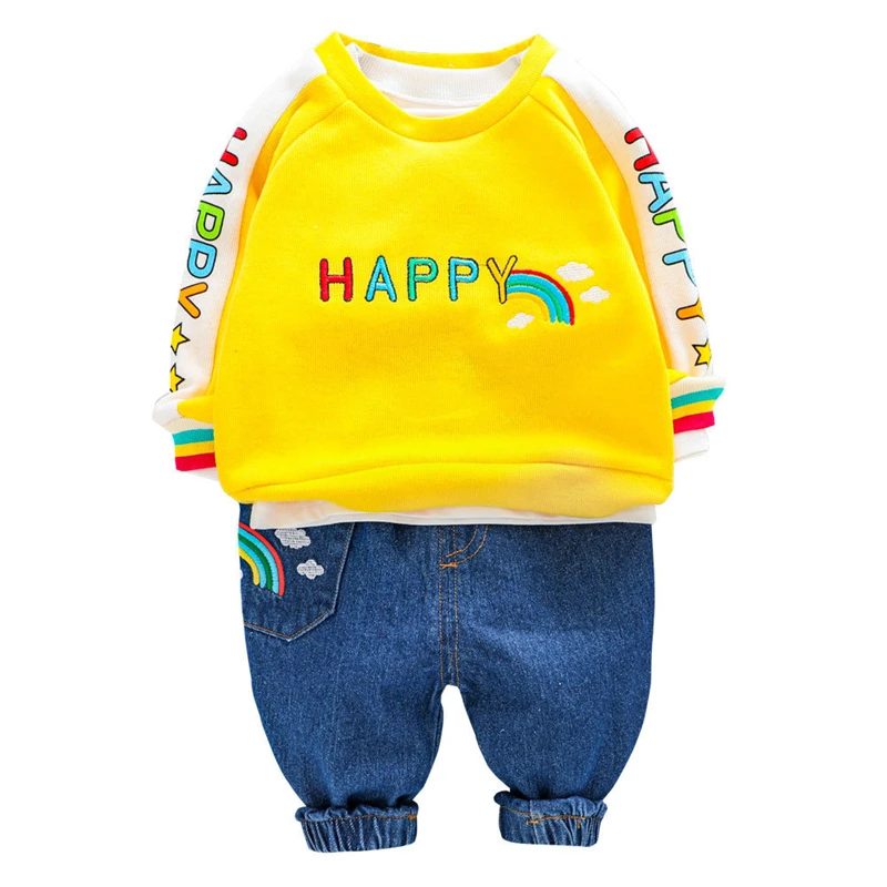 

Boys Clothes Autumn Spring New Fashion Style Rainbow Pullover Sweater Drawstring Jeans 0-5 Years Old Children 2pcs Suit