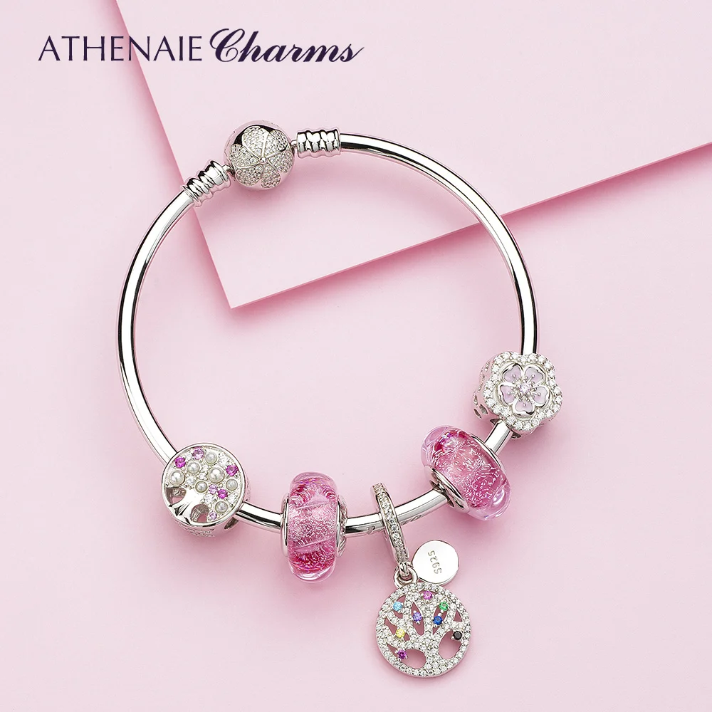 

ATHENAIE 925 Sterling Silver Colorful CZ Sparkling Family Tree Charms Bracelet with CZ Charm Beads for Women