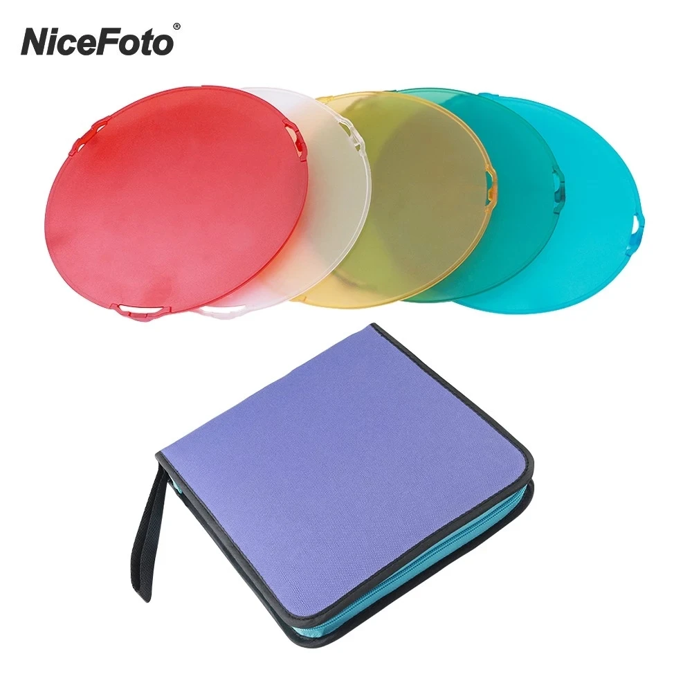 NiceFoto 5 unids/set difusor de filtros de Color Reflector de plato de belleza estándar φ185mm con bolsa de transporte para Reflector de Flash estroboscópico φ185mm