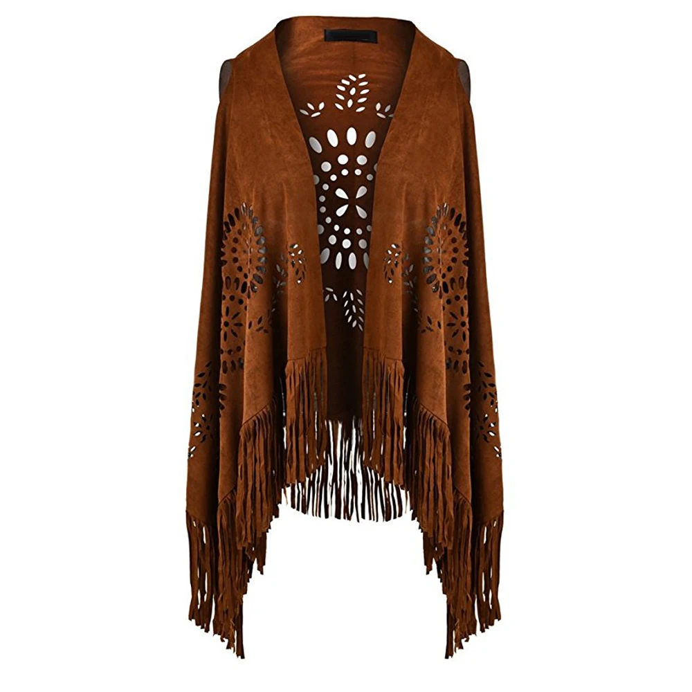 Suedette V-Neck Front-Open Fringe Sleeveless Cardigan Gilet Vest with Punch Hole Patterns for Ladies Dropshipping