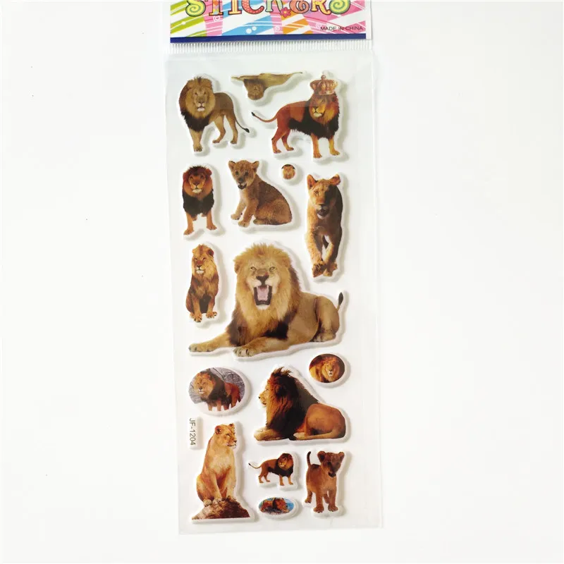 6 Sheets 3D Animal Lion Tiger Cartoon Dinosaur Stickers Diary PVC Puffy Reward Kids Lot Educational Bubble Stickers for Child