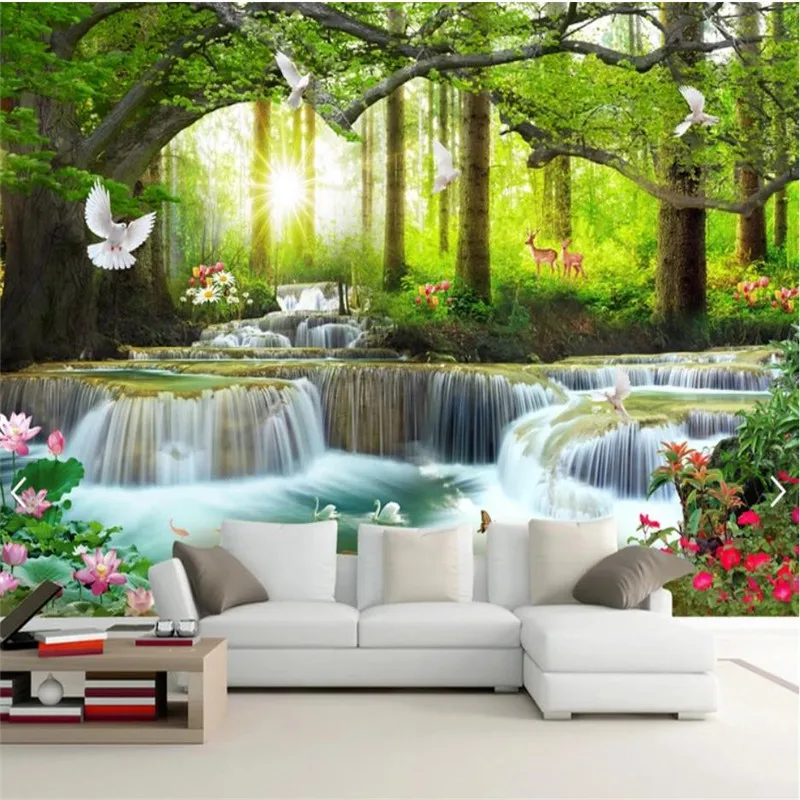 

3D Photo Wallpaper Nature Green Big Tree Forest Waterfall Background Wallpapers for Living Room Bedroom Wall Papers Home Decor