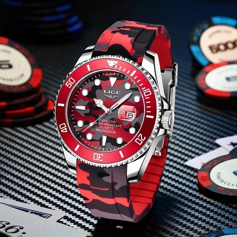 2022 New Fashion Men Watches LIGE Top Brand Luxury Camouflage Quartz Wrist Watch Sport Red Silicone Watch for Men Reloj Hombre