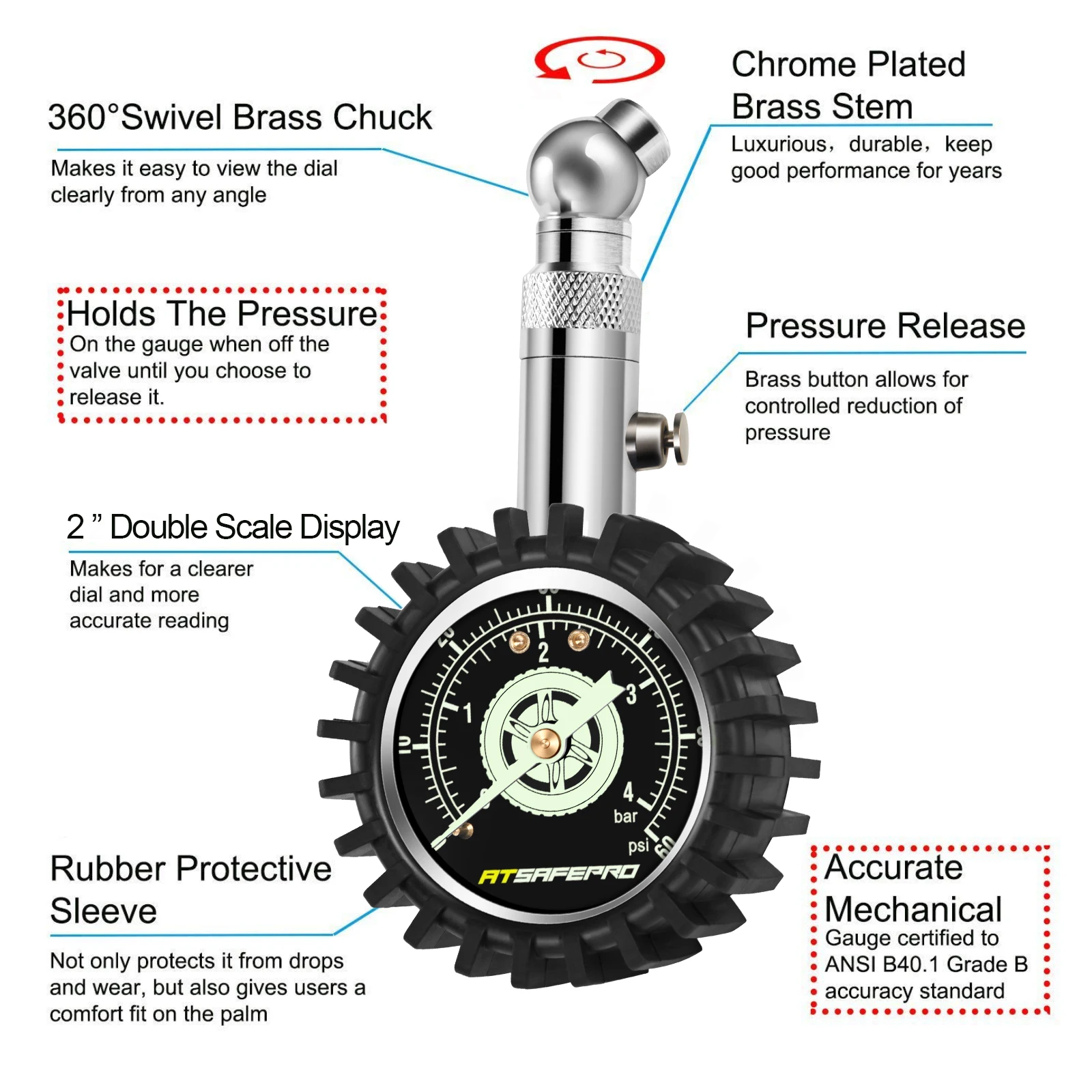 ATsafepro Reifendruckprüfer Luftdruckprüfer Reifen Manometer Reifen kalibrator Druck Meter Checker Messung 4Bar 60Psi Für Motorräder Auto werkzeuge Lkw Reifen