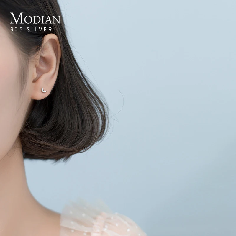Modian Fashion Minimalist Star Moon Asymmetry 100% 925 Sterling Silver Anti-Allergy Stud Earring for Women Fine Jewelry Brincos image 2