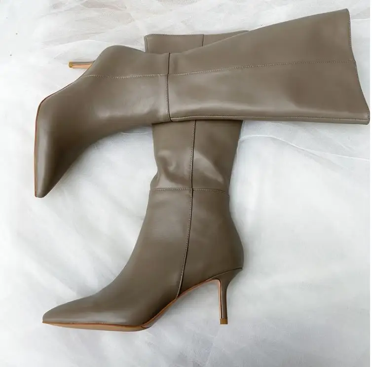 2021 Spring Autumn Earth Color Genuine Cowleather Pointed Toe Boots Thin High Heel Side Zipper Fashion Trim Leg Boots