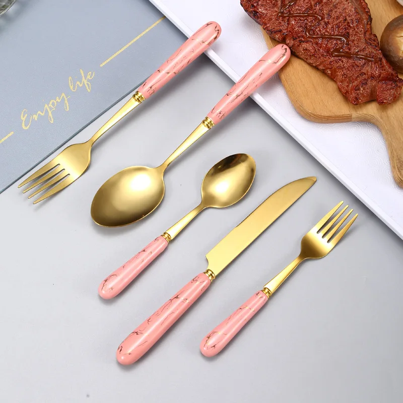 Nordic Ceramic Stainless Steel Cutlery Coffee Dessert Spoon Marbling Handle Western Steak Knife Fork Kitchen Golden Tableware