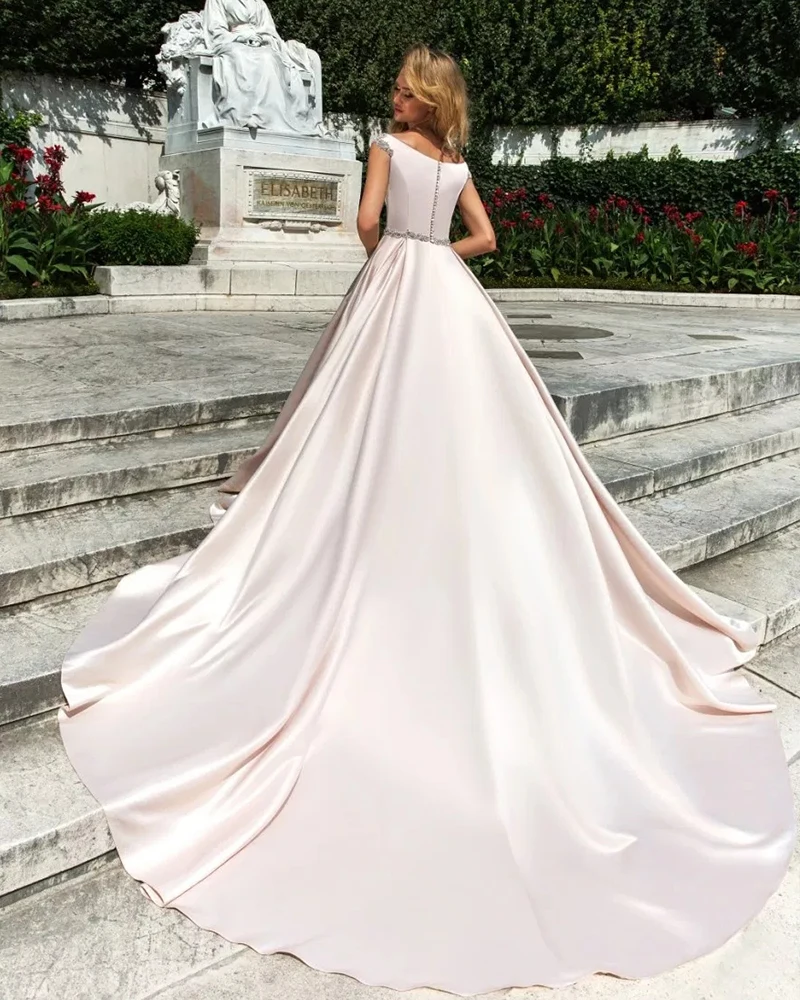 Vestidos de casamento de cetim elegante mais tamanho vestido de casamento boné manga botão miçangas pérolas vestidos de noiva mais tamanho