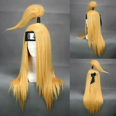 Akactuki Cosplay Wigs Deidara Wig Long Golden Heat Resistant Synthetic Hair Wigs + Wig Cap + Headband