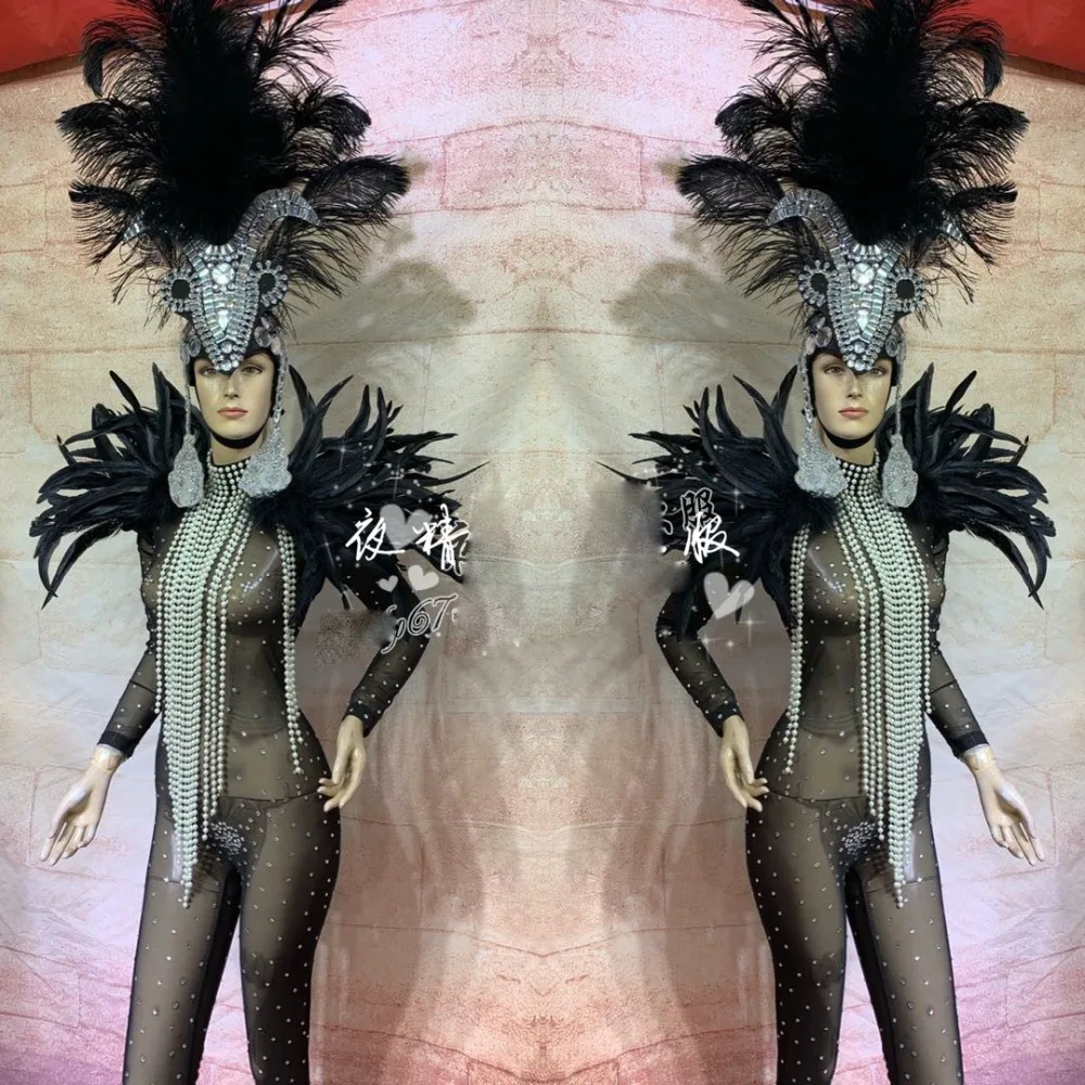 

Women stage dance see through jumpsuit Customized made sexy black club costumes feather headgear