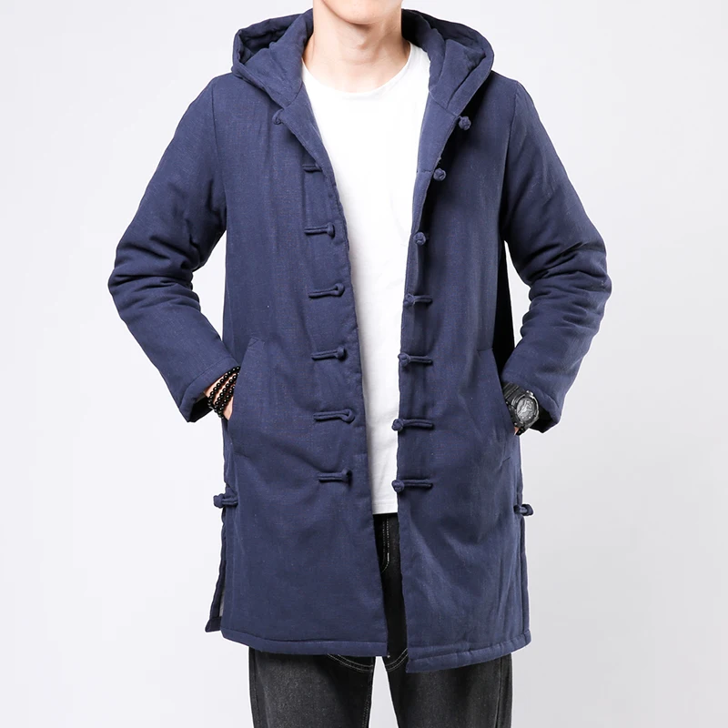 Winter Chinese Style Thick Parkas 2024 Men Warm Long Trench Coat Men Harajuku Retro Tang Suit Male Hooded Cotton -Padded Jacket