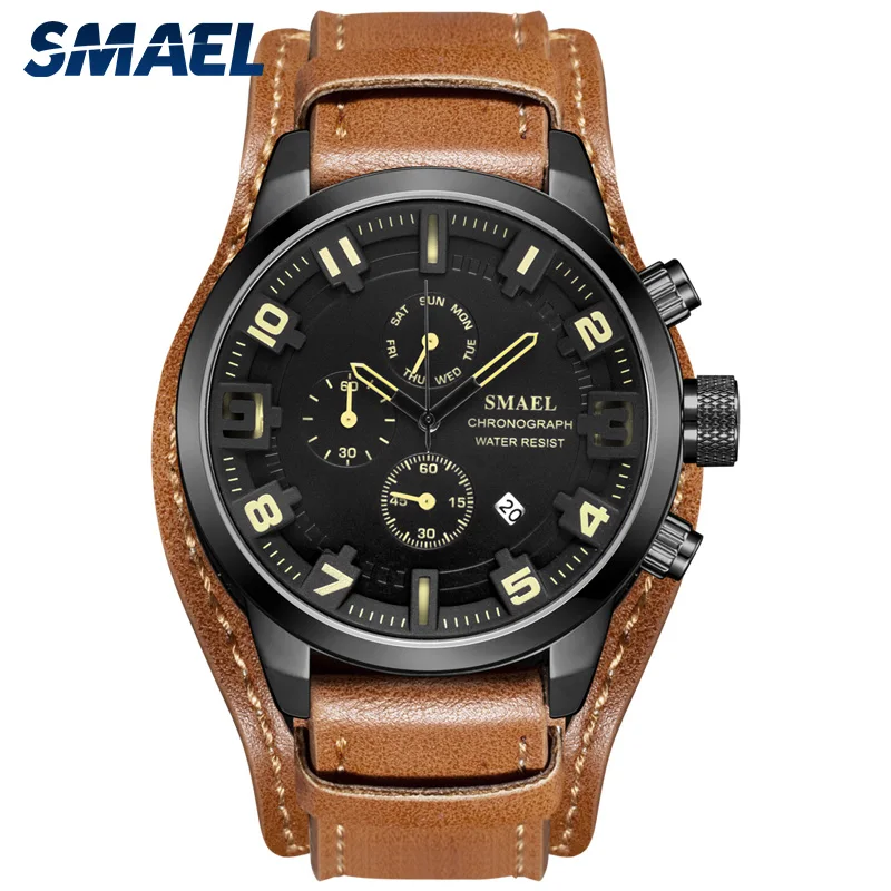 SMAEL Casual Sport Watches Mens Luxury Military Leather Waterproof Watch Man Clock SL-9076 Fashion Wristwatch relogio masculino