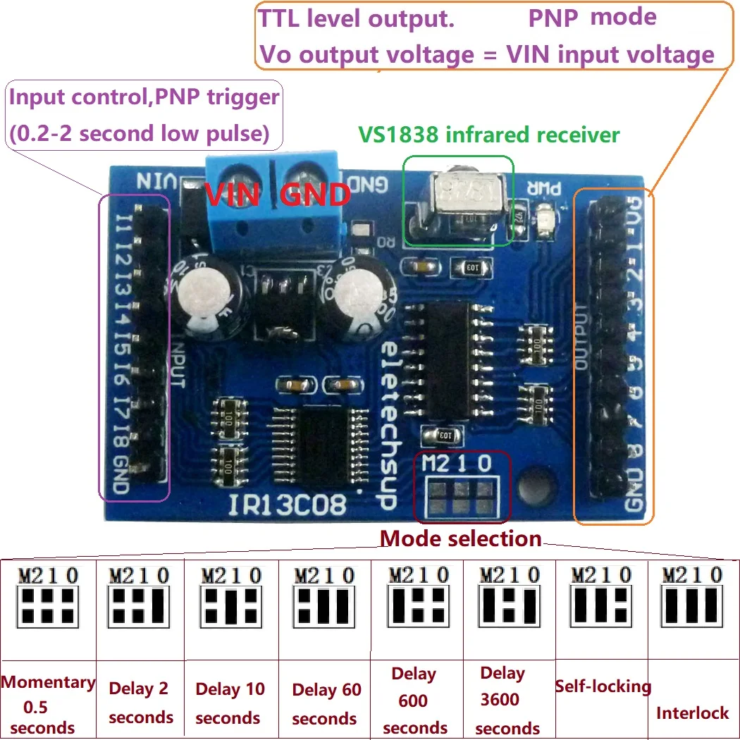 8CH DC 5V 12V Multi-function IR infrared remote control module Delay Self-locking VS1838 Receiver decoder for Relay Switch Board