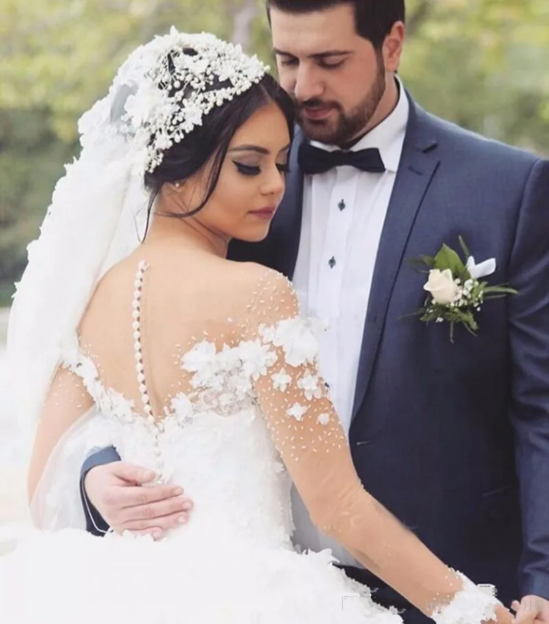 Vestido De novia musulmán De manga larga, ropa árabe De encaje 3D con flores, apliques florales, cuello transparente