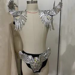 Silver Sequins Rhinestones Wing Angel Shoulder Shorts Sexy Bar Nightclub Accessories Men Female Dancer Performance Stage Wear