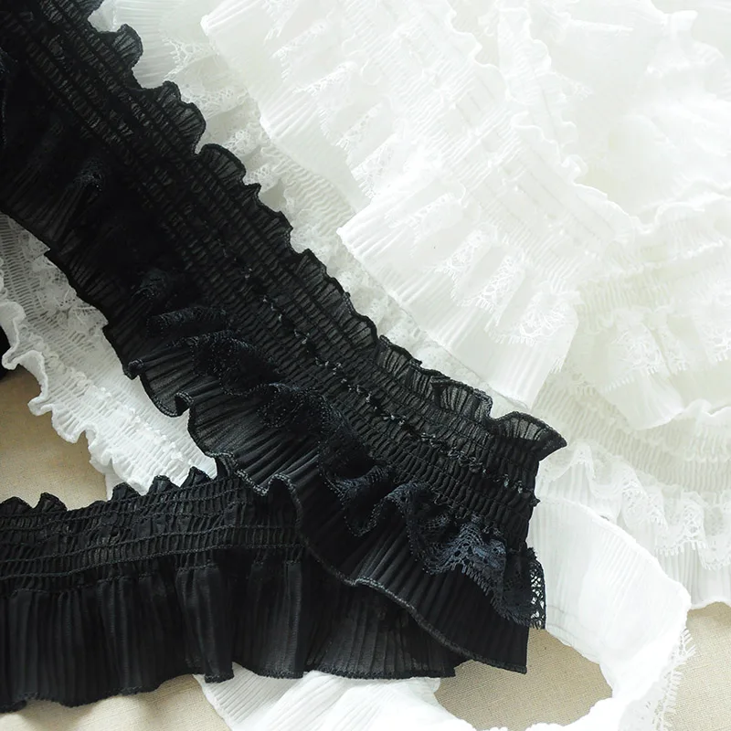 8-9cm 2yards Top Quality Black/White Ruffled Trim Pleated Lace Curtains Mantle Bed Doll Clothes Accessories Z1195