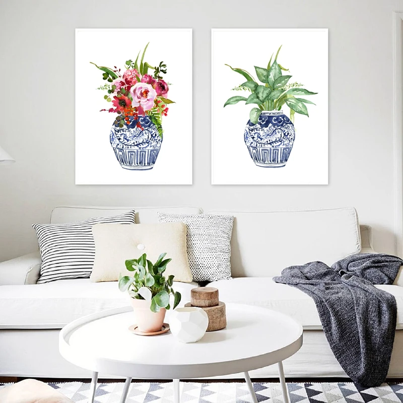 Chinoiserie Art Print Ginger Jar Blue White Porcelain China Ming Vase Wall Art Canvas Painting Poster Water color Floral Decor