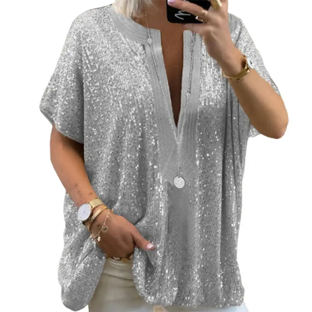 Women New Sequined T-shirt 2022 Summer Fashion Ladies Mid-length Short-sleeved T-shirt Women Sexy Ins Bright Glitter Loose Tops