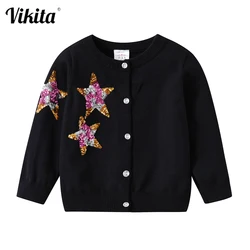 VIKITA Kids Autumn Knitted Cardigan Sweaters Girls Christmas Sweaters Kids Star Sequins Shiny Outwear Clothes Children Clothing