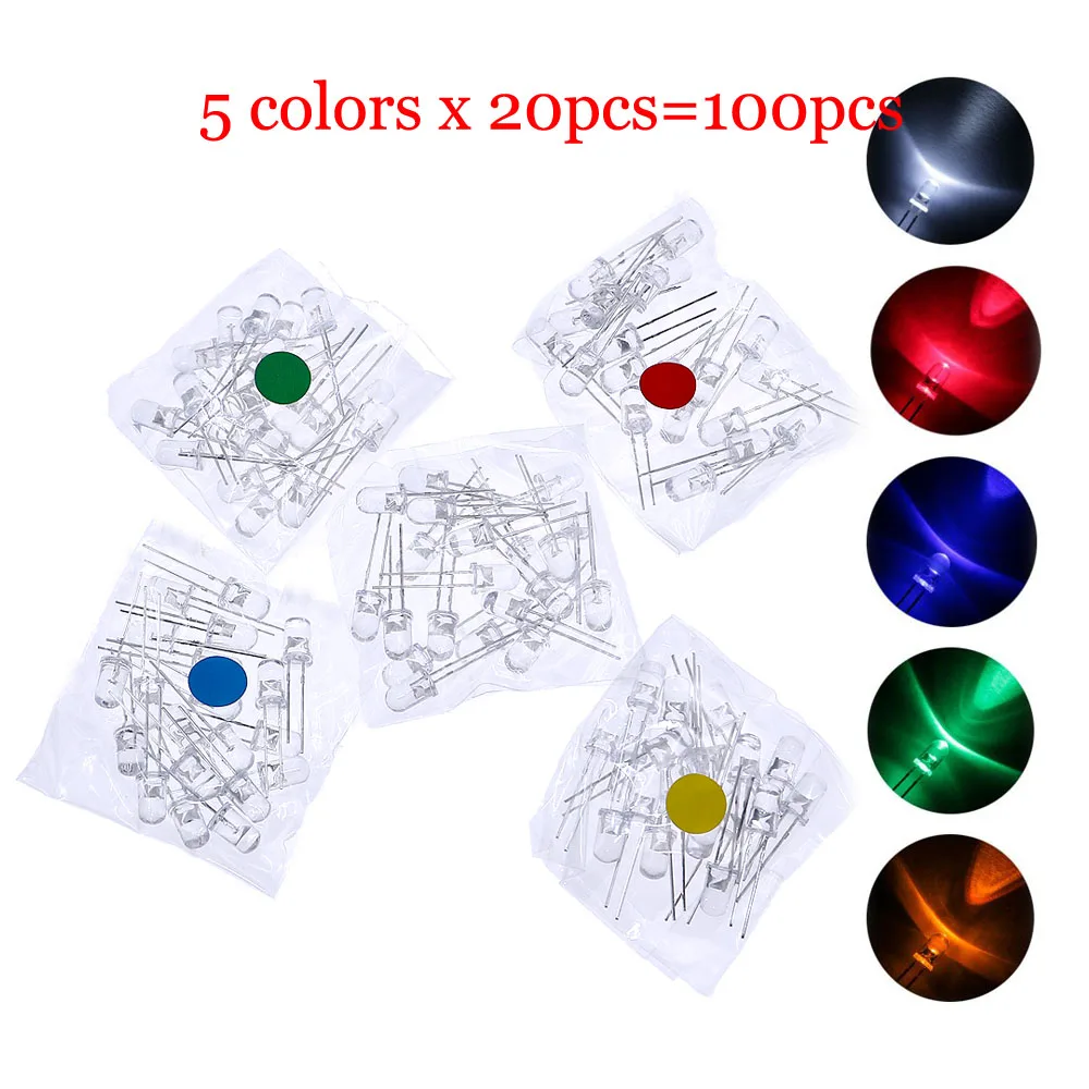 100pcs 5mm F5 transparent LED DIY Light Emitting Diode Assorted Kit White Green Red Blue Yellow Orange Pink Purple Warm white