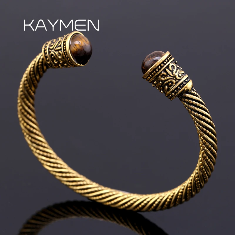 Kaymen Vintage Statement Cuff Bangle Bracelet for Men Women Unisex Jewelry Inlaid Tiger's-eye Stone Viking Bangle