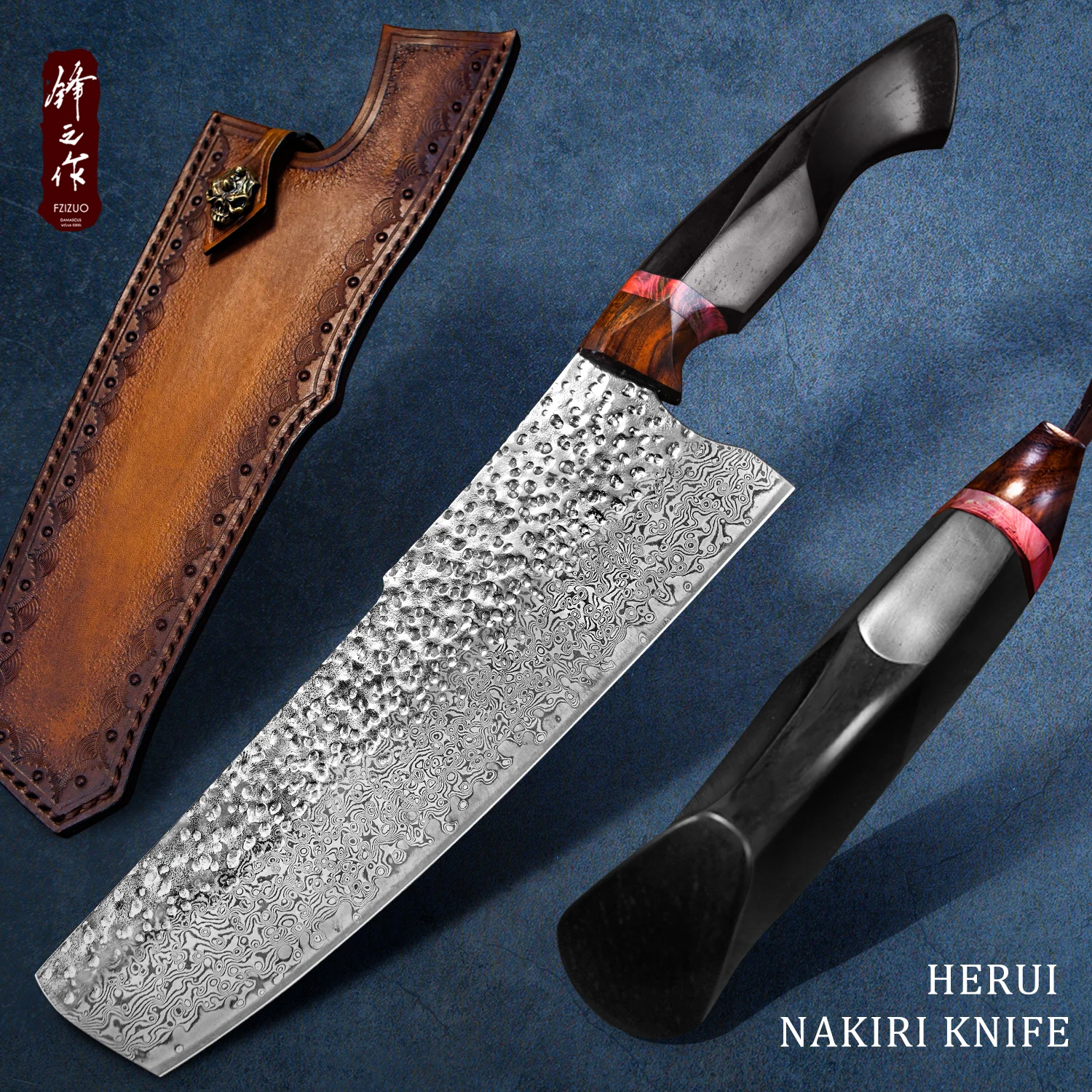 FZIZUO Kitchen Knife 8'' Nakiri Knife with Sheath Japanese Damascus Meat Cleaver Vegetable Knives Cooking Cutter Ebony Handle