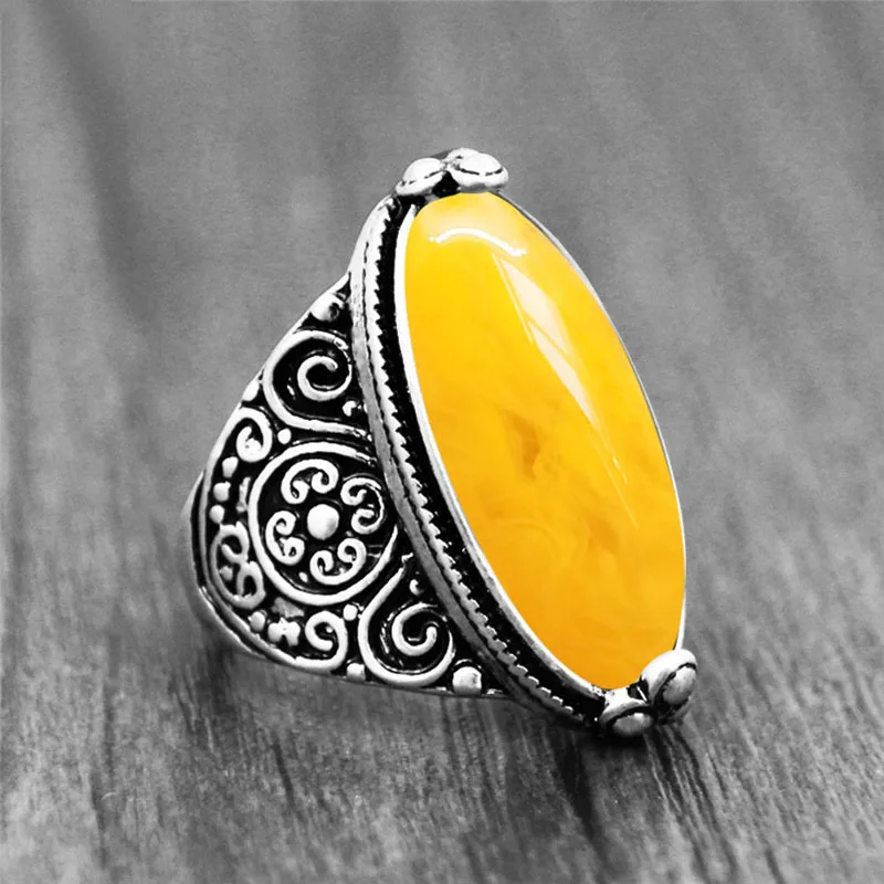 Vintage Eye Shape Synthetic Beeswax Rings For Women Real Antqiue Silver Plated Flower Resin Stone Fashion Jewelry Ring кольца