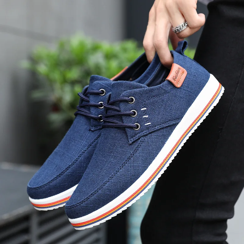 Casual Men Linen Shoes Trendy Vulcanized Flats Lace-up Sneaker Quality Rubber Bottom Male Footwear Large Size 39-47e44