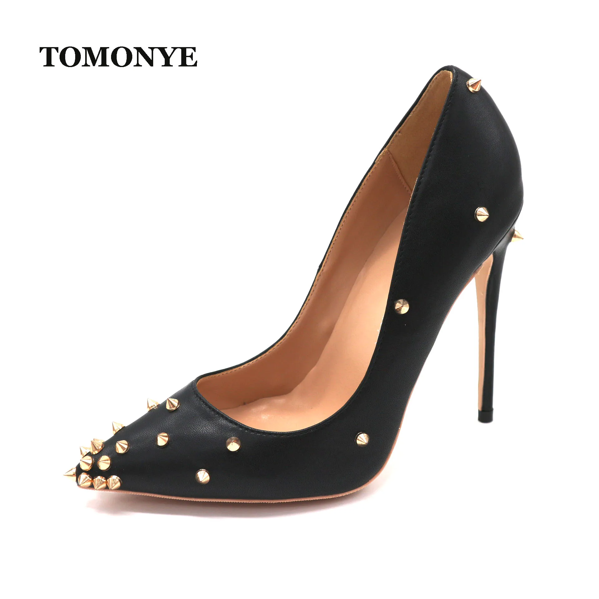 

TOMONYE black matte gold stud spike pointed toe women lady 120mm high heel shoes pump custom made small size 33 plus size 45