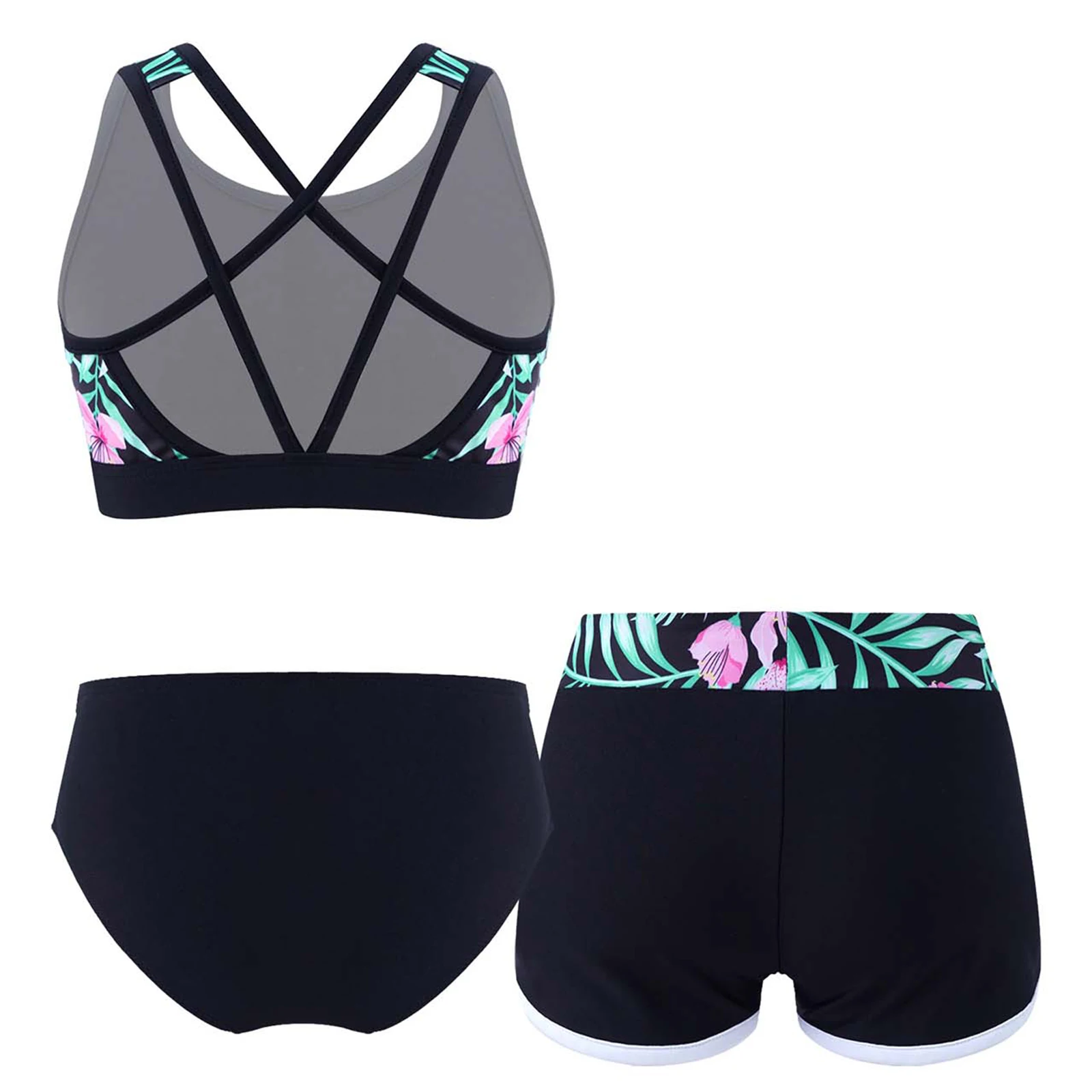 Teens Girls Print Swimwear Swimsuit Cross Straps Crop Tops with Shorts Briefs Set Beach Pool Water Park Bathing Suit Rash Guard