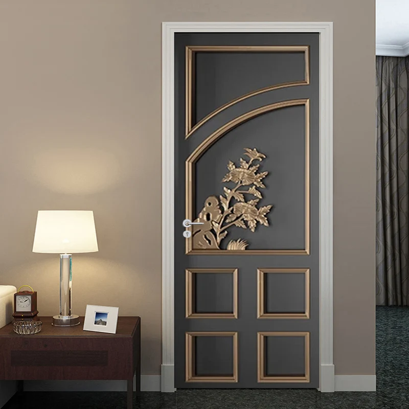 Door Sticker European Style 3D Stereo Golden Carved Photo Wallpaper Living Room Bedroom Luxury Door Decal PVC Waterproof Sticker