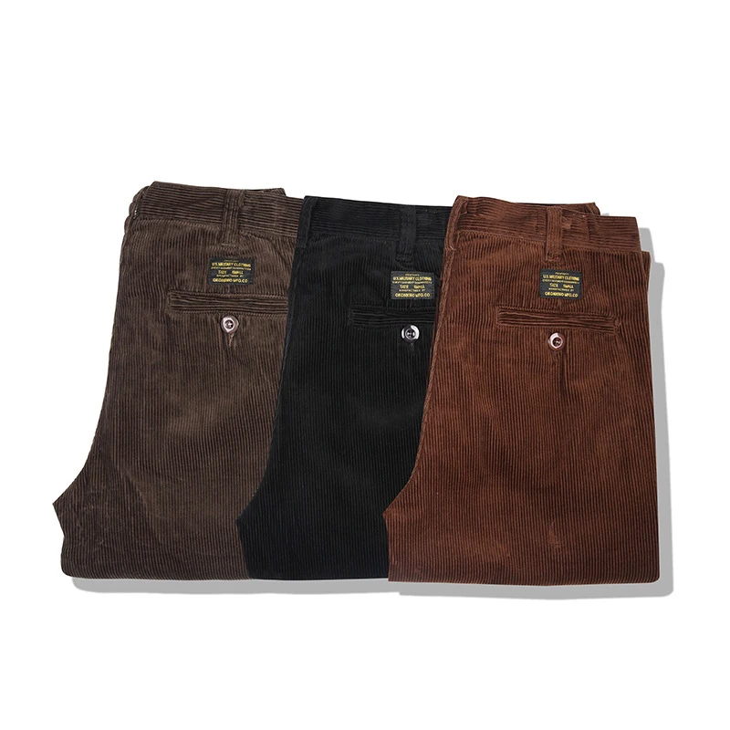 Ok1912 Fall Winter Warm Corduroy Casual Broek Voor Mannen Retro Straight Tooling Effen Kleur All-Match Mid-Waists dikker Broek