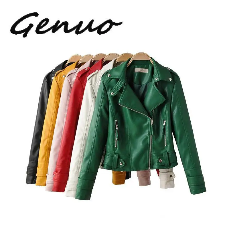 2020 Green Biker Jacket Women Trun Down Collar Red Leather Jacket Modis Black PU Casual Coat Streetwear Fashion Clothes Fall