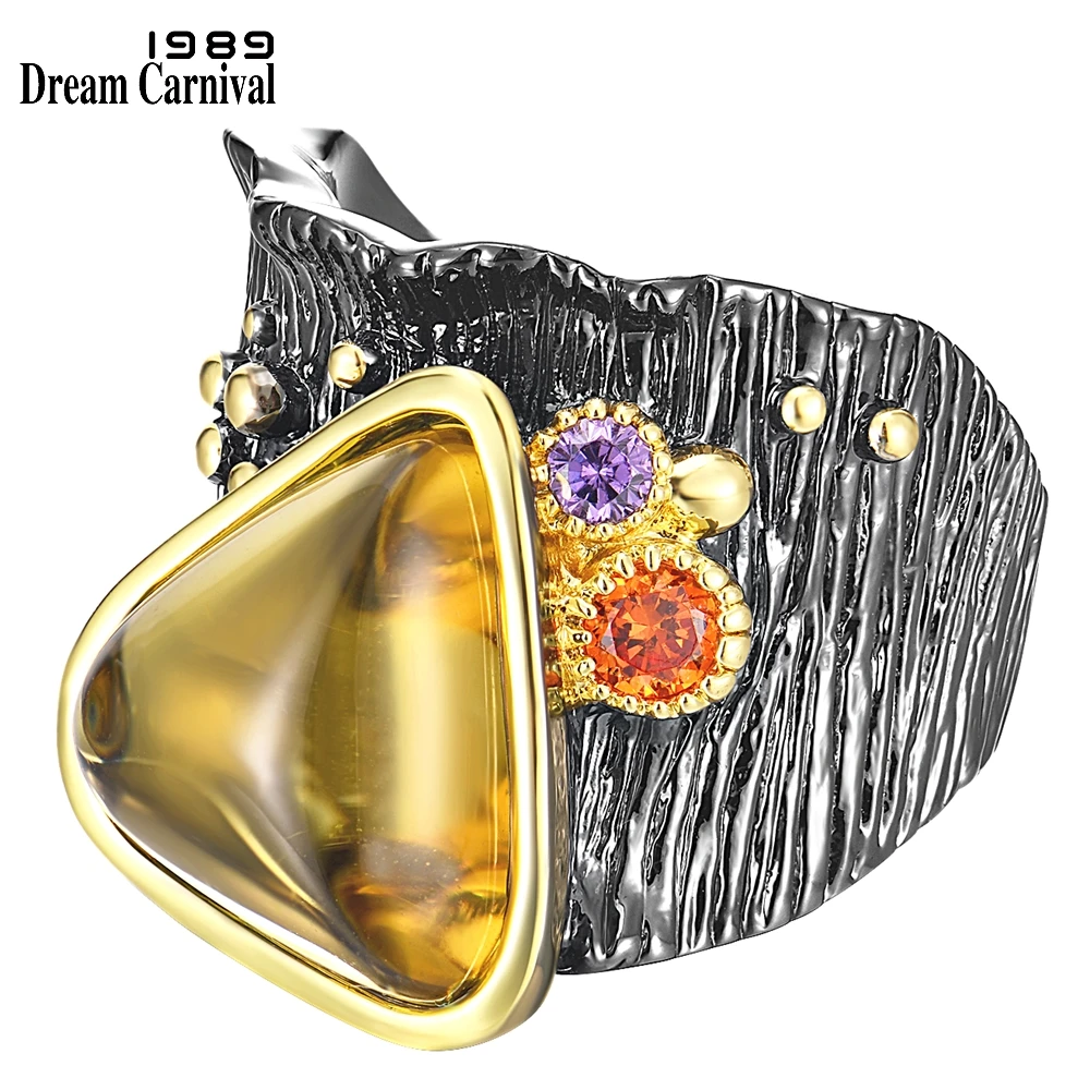 DreamCarnival1989 Big Baroque Rings for Women Exotic Fashion Gift Hip Hop Golden Yellow Triangle Zircon Party Must Have WA11608G