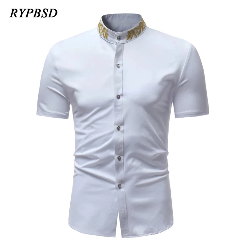 Luxury Gold Embroidery White Shirt Men Brand Summer Harajuku Vintage Casual Men Short Sleeve Dress Shirts Party Singer Costume