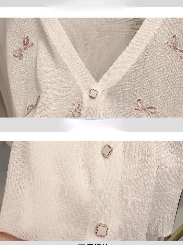Lady Spring and Autumn Embroidered Ice Silk Knitted Cardigan 2021 New Loose-fitting Thin Hollow V-neck Sweater Girl