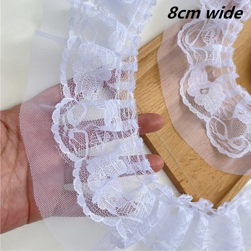 Nice White Double Layer Pleated Embroidered Tulle Lace Fabric DIY Clothing Skirt Lengthened Trim Wedding Dress Sewing Decoration