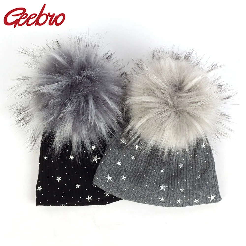 Geebro Newborn Warm Gold Splatter Paint Beanies With Pom Pom Star Print Ribbed Hats For Infant Toddler Faux Fur Hairball Caps