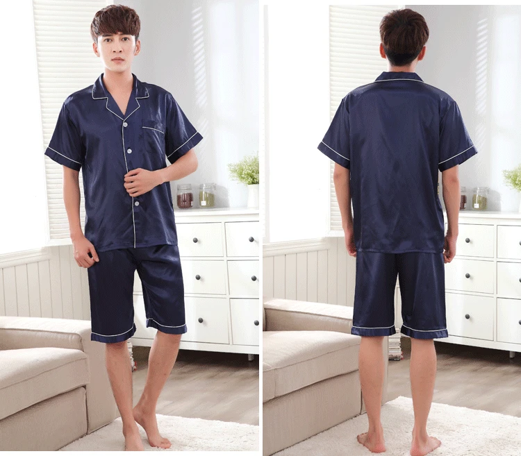 Navy Blue Men Nightwear 2pc Shirt Pants Sleep Pajamas Sets Sleepwear Spring Autumn Rayon Silky Nightgown Robe Clothes L - XXXL