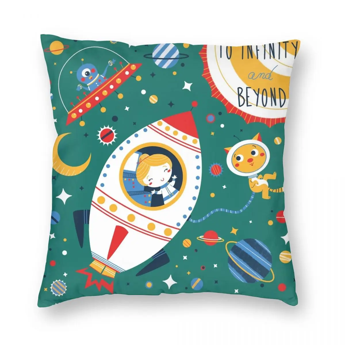 Vintage Space Rocket And Astronaut Cat Pillowcase Polyester Linen Velvet Creative Zip Decor Pillow Case Home Cushion Case 45x45