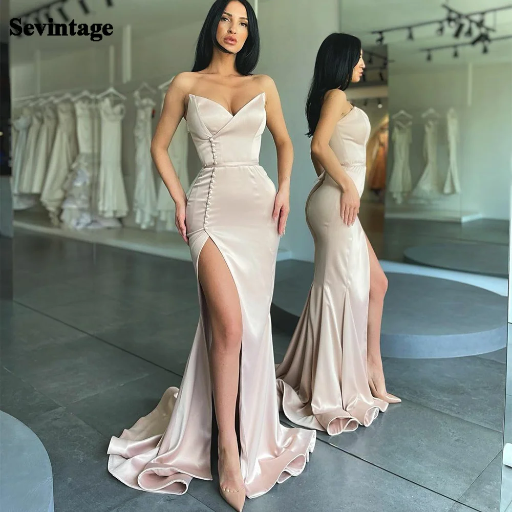 Gaun Prom Putri Duyung Sevintage Gaun Malam V-Neck Tanpa Lengan Gaun Pesta Elengant Belah Samping Pakaian Mode