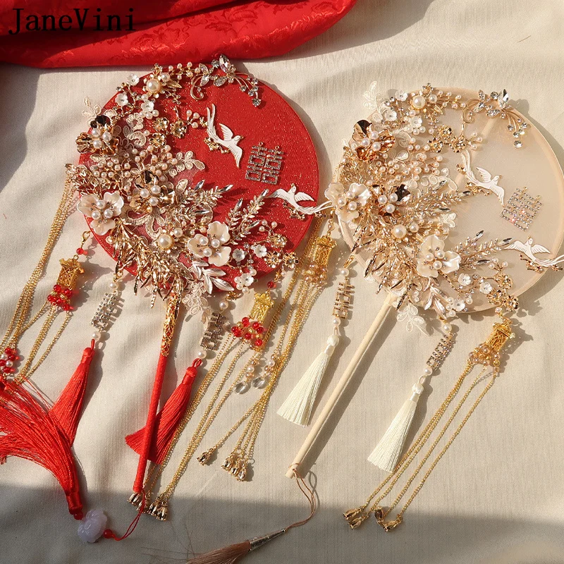 JaneVini Shiny Rhinestone Pearls Chinese Bridal Fan Ancient Long Tassel Wedding Bouquets Handmade Round Appliqued Bride Flowers