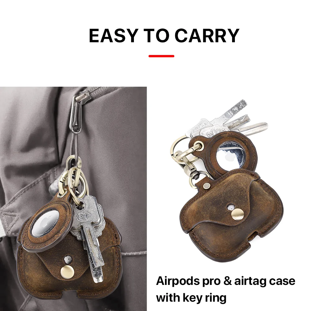 Retro Cowhide Case for AirPods Pro and Airtag Cover Leather AirPod 3 Charging Box Wireless Bluetooth Accessories with Keychain