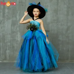 Elegant Peacock Feather Costume Girls Fluffy Layered Peacock Tutu Dress with Witch Hat Kids Pageant Party Ball Gowns Dresses