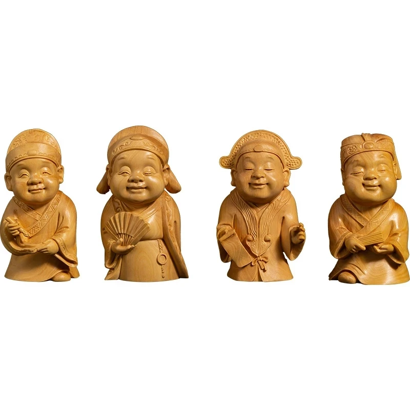 4PCS Boxwood 7.5cm Cartoon Chinese Traditional Figure Sculpture Four Talented People Wood Statue Home Decor