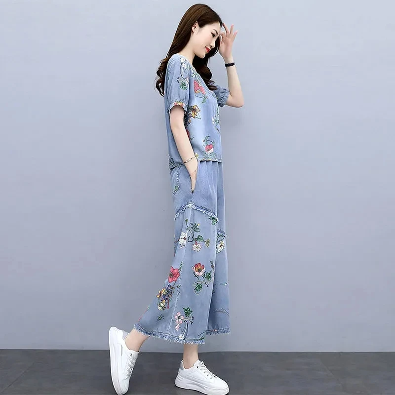 Denim Wide-Leg Pants Women\'s Suit New Casual Short Sleeve Printed Summer Dress Blast The Street Fashion Ethnic Style Two-Piece