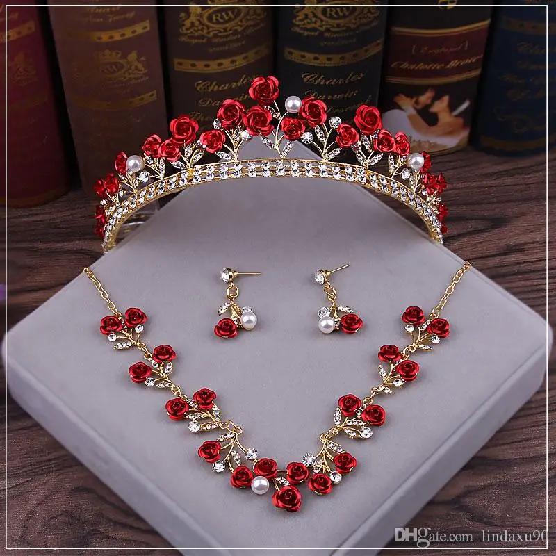 

Rose Flower 2021 Red Wedding Bridal Tiara Rhinestone Head Pieces Crystal Bridal Headbands Hair Accessories Evening Party Bride