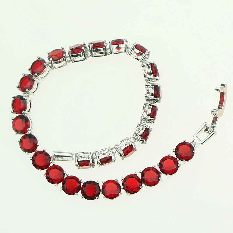 Bridal Red Garnet White Zircon Created jewelry 925 Silver Jewelry Link Chain Bracelet 21cm For Women Free Gift Box