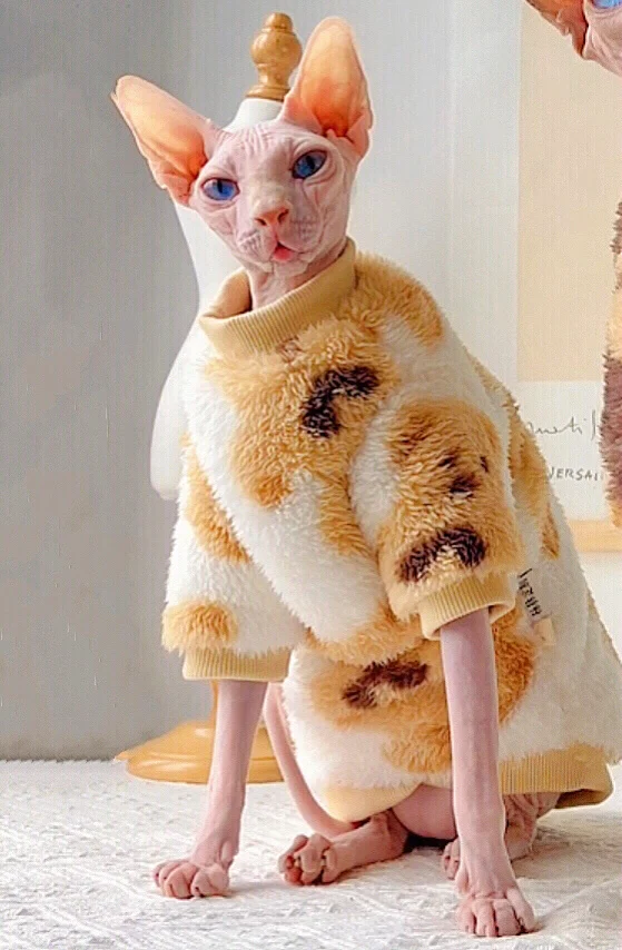 DUOMASUMI Super Thick Bear Hairless Cat Outfits Double-sided fleece Soft Naked Cat Winter Clothes Kitty Sphynx Bald Cat Clothes