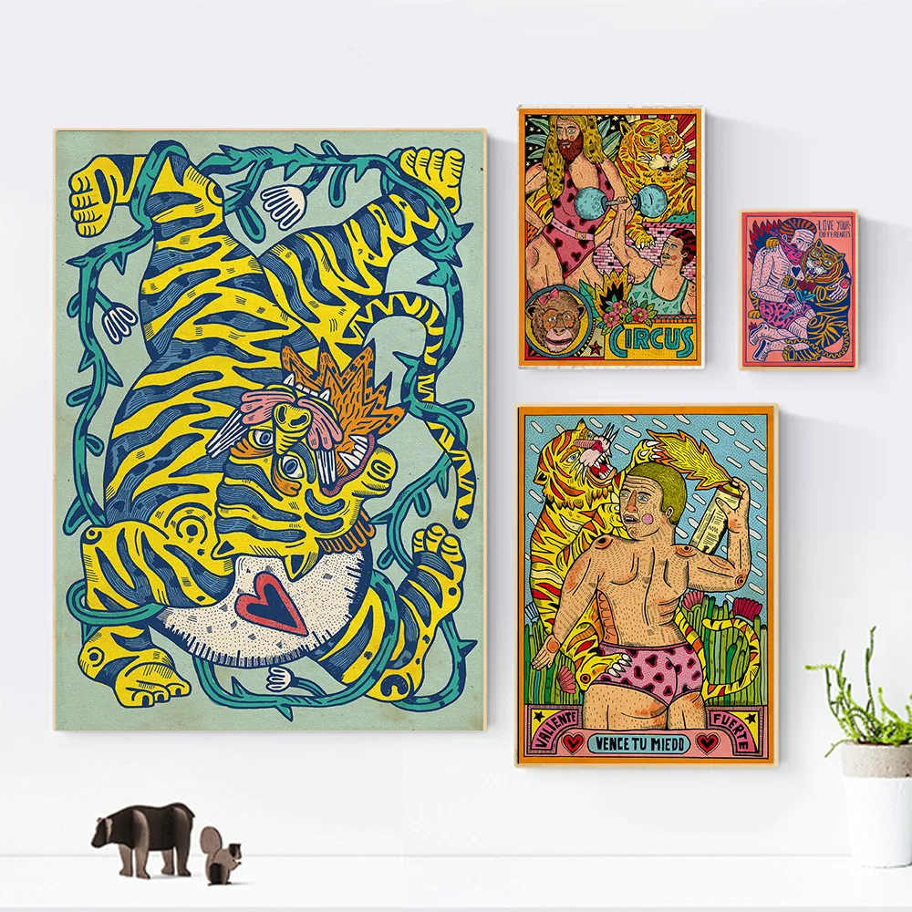 Abstract Animal Tiger with Flowers Canvas Posters Painting Love Your Differences Wall Art Prints Pictures for Living Room Decor